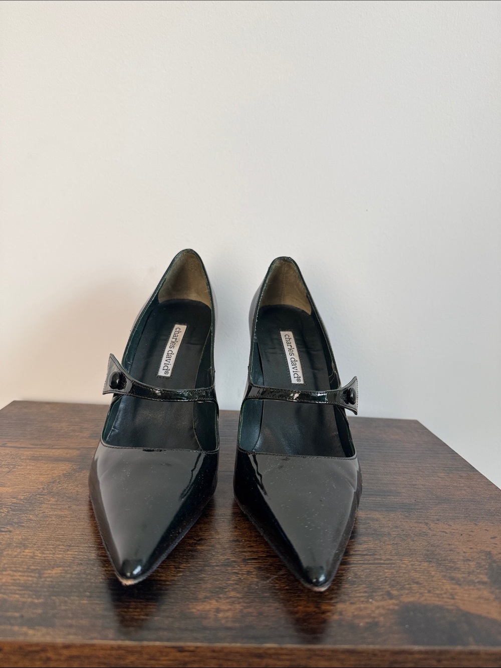 Charles David Dark Green Patent Mary Jane Pointed Pumps